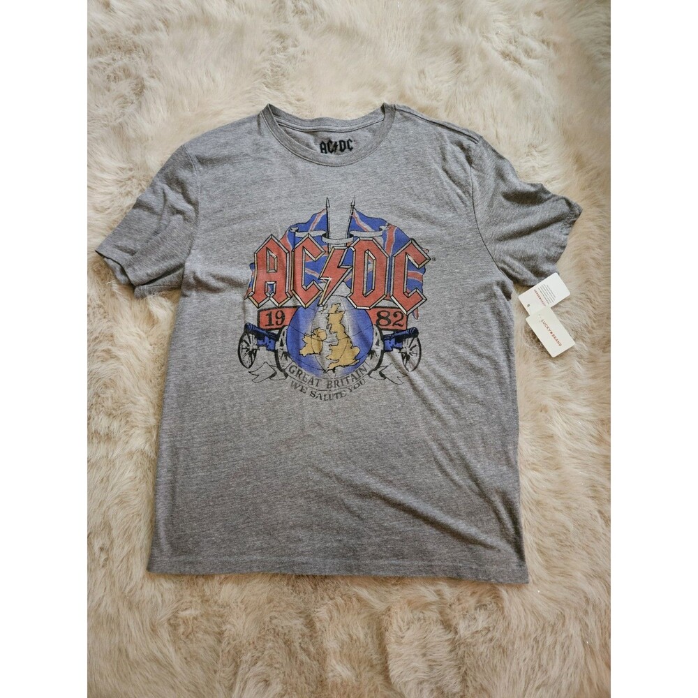 Lucky Brand AC DC Men's Graphic Tee Gray Great Britain 1982 Rock Band T-Shirt L